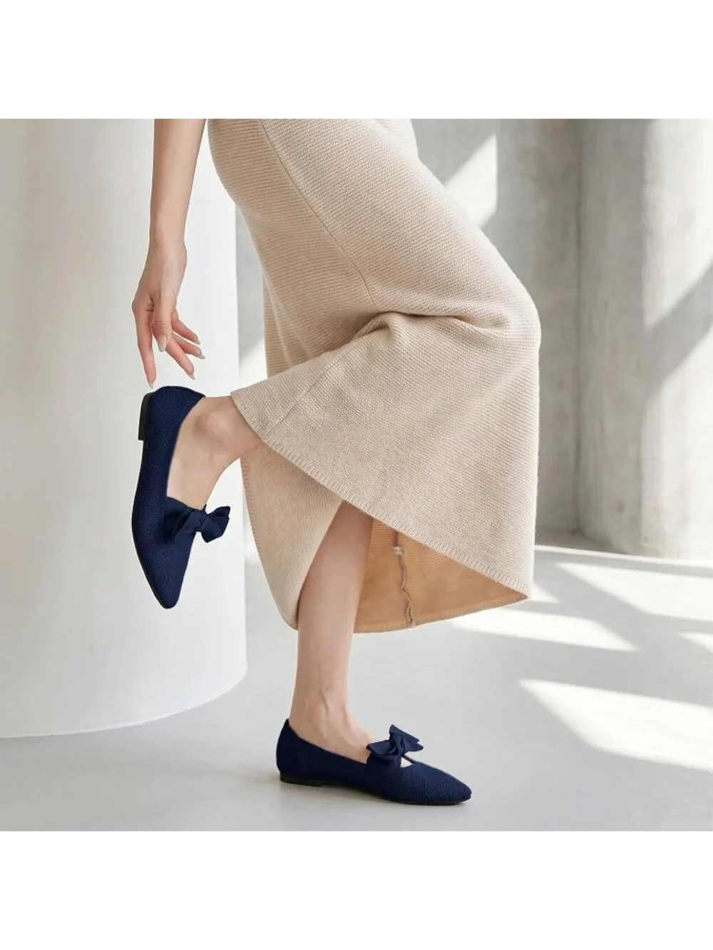 Womens Navy Blue Comfortable Knit Washable Pointed Toe Pull-On Ballet Flat Shoes